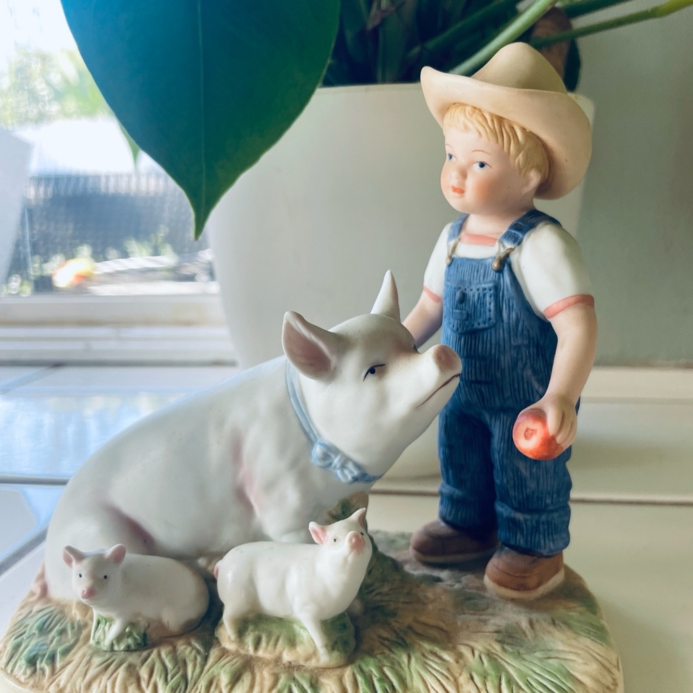 Home Interiors Boy with Pigs Figurine in Blue and White